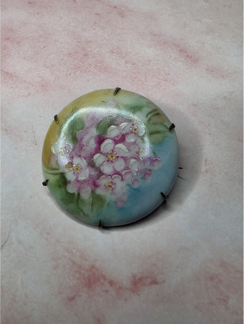 Antique Victorian Hand Painted Porcelain Floral Brooch Pin